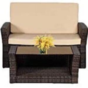 FDW Sectional Sofa Rattan Chair Wicker Conversation Set Outdoor Backyard Porch Poolside Balcony Garden Furniture with Coffee Table, Brown