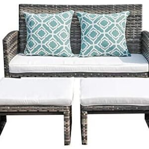 OC Orange-Casual Outdoor Loveseat Patio Furniture Rattan Conversation Set with Ottoman, White Cushions, Grey Wicker, Pillows Included
