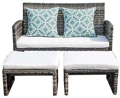OC Orange-Casual Outdoor Loveseat Patio Furniture Rattan Conversation Set with Ottoman, White Cushions, Grey Wicker, Pillows Included