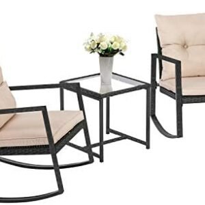 FDW Wicker Patio Furniture Sets Outdoor Bistro Set Rocking Chair 3 Piece Patio Set Rattan Chair Conversation Set for Backyard Porch Poolside Lawn with Coffee Table,Black