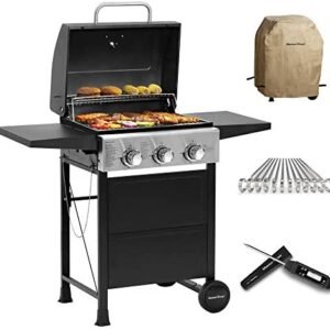 MASTER COOK BBQ Propane Gas Grill, 3 Bunner with Folding Table Skewers Flat Kabob Stainless Sticks Rain Cover