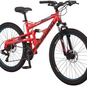 Schwinn Protocol 1.0 Mens and Womesn Mountain Bike, 26-Inch Wheels, 24-Speed Drivetrain, Lightweight Aluminum Frame, Full Suspension, Red/Blue