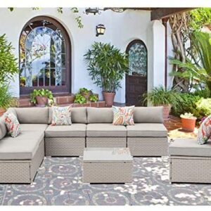 SUNBURY Outdoor Sectional 8-Piece Wicker Sofa in Pearl Gray, w 7 Pillows in Psychedelic Colors Elegant Patio Furniture Chair and Table Set for Backyard Garden Porch