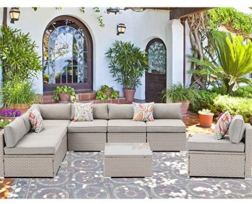 SUNBURY Outdoor Sectional 8-Piece Wicker Sofa in Pearl Gray, w 7 Pillows in Psychedelic Colors Elegant Patio Furniture Chair and Table Set for Backyard Garden Porch