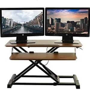 TechOrbits Standing Desk – Stand Up Desk Converter and Monitor Riser – Height Adjustable Sit Stand Tabletop Workstation Wood Brown