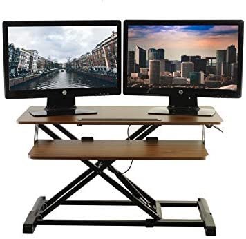 TechOrbits Standing Desk – Stand Up Desk Converter and Monitor Riser – Height Adjustable Sit Stand Tabletop Workstation Wood Brown