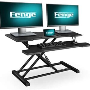 FENGE Height Adjustable Standing Desk Converter 36″ Wide Sit to Stand Up Desk with Organizer Area for Dual Monitors SD360001WB