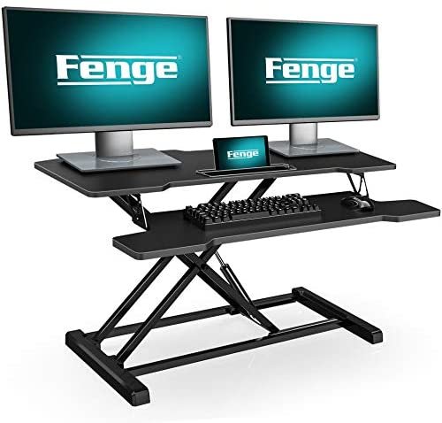 FENGE Height Adjustable Standing Desk Converter 36″ Wide Sit to Stand Up Desk with Organizer Area for Dual Monitors SD360001WB