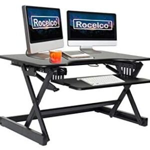 Rocelco 32″ Height Adjustable Standing Desk Converter – Sit Stand Computer Workstation Riser – Dual Monitor Retractable Keyboard Tray Gas Spring Assist – Black (R EADRB2)