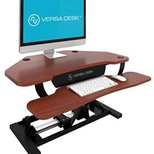 VersaDesk USA Manufactured | Power Pro Corner – 36″ Electric Height-Adjustable Standing Desk Riser | Sit to Stand Desktop with Keyboard and Mouse Tray + USB Charging Port – Cherry
