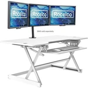 Rocelco 46″ Large Height Adjustable Standing Desk Converter, Quick Sit Standup Triple Monitor Riser, Gas Spring Assist Computer Workstation, Retractable Keyboard Tray, (R DADRW-46), White