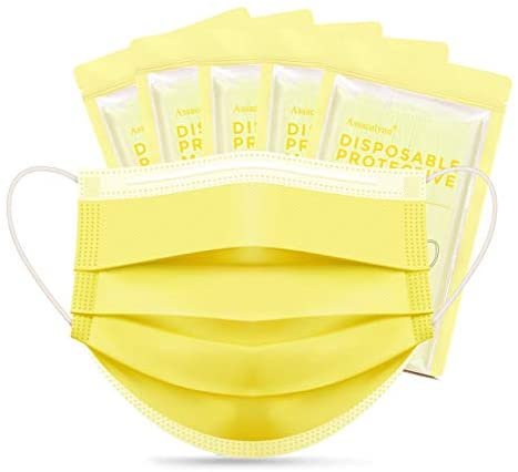 Assacalynn Disposable Face Masks Yellow 50 pcs, 3 Layer Disposable Masks, Breathable Masks for Men Women