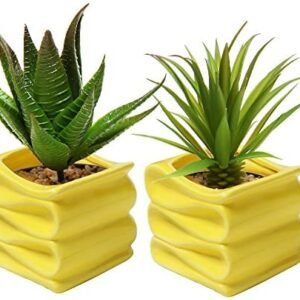 MyGift 4-Inch Yellow Modern Decorative Folded Design Small Ceramic Plant Pot/Flower Planter, Set of 2