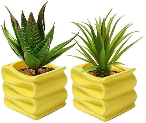 MyGift 4-Inch Yellow Modern Decorative Folded Design Small Ceramic Plant Pot/Flower Planter, Set of 2