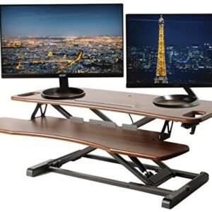 TechOrbits Standing Desk 37″ Stand Up Desk Converter Wood Brown Tabletop Sit Stand Desk Fits Dual Monitors Two Tiered Height Adjustable Workstation