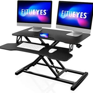 FITUEYES Height Adjustable Standing Desk 32” Wide Sit to Stand Converter Stand Up Desk Tabletop Workstation for Dual Monitor Riser SD308001WB