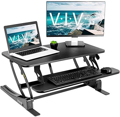 VIVO Black Height Adjustable 32 inch Stand Up Desk Converter, Quick Sit to Stand Tabletop Dual Monitor Riser Workstation, DESK-V000VS