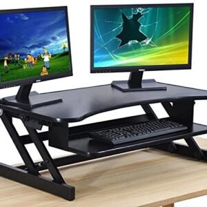 The House of Trade Standing Desk | Desk Riser Classic Stand Up Desk | 32 in Wide Fits 2 Monitors with Retractable Keyboard Tray (Black, 32″ Wide)