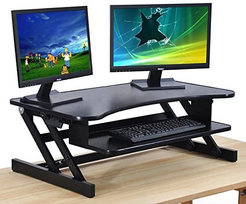The House of Trade Standing Desk | Desk Riser Classic Stand Up Desk | 32 in Wide Fits 2 Monitors with Retractable Keyboard Tray (Black, 32″ Wide)