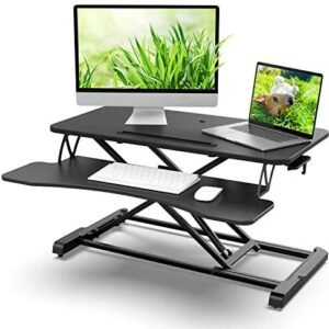 Standing Desk Converter 32 in Riser Adjustable Height 4.9 to 20in Stable Riser Fits Dual Monitors, LinGear Computer Riser Desk with Large Keyboard Tray, Eco-Friendly/Healthy for Home Office Upgrade