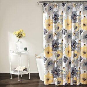 Lush Decor Leah Shower Curtain – Bathroom Flower Floral Large Blooms Fabric Print Design, 72” x 72”, Yellow/Gray