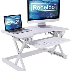 Rocelco 32″ Height Adjustable Standing Desk Converter – Sit Stand Computer Workstation Riser – Dual Monitor Retractable Keyboard Tray Gas Spring Assist – Black (R EADRW)