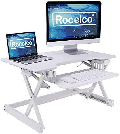Rocelco 32″ Height Adjustable Standing Desk Converter – Sit Stand Computer Workstation Riser – Dual Monitor Retractable Keyboard Tray Gas Spring Assist – Black (R EADRW)