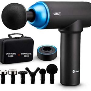 Massage Gun Deep Tissue Massager Compact – Sonic E Portable Quiet 20 Speed Muscle Massage Gun for Pain Relief Body Relaxation – Percussion Massage Gun Neck Massager, Charging Dock & 6 Massage Heads