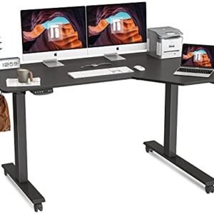 FEZIBO L-Shaped Electric Standing Desk, 55 Inch Height Adjustable Stand up Table, Sit Stand Desk with Splice Board, Black Frame/Black Top
