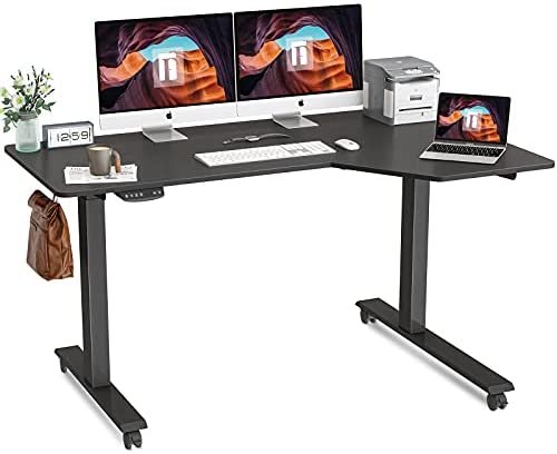 FEZIBO L-Shaped Electric Standing Desk, 55 Inch Height Adjustable Stand up Table, Sit Stand Desk with Splice Board, Black Frame/Black Top