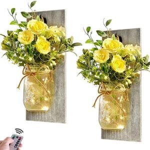 Wall Decor Mason Jar Sconces – Rustic Farmhouse Home Decor with Remote Control Wall Lights and Yellow Rose for Bedroom Wall Decor Living Room Kitchen Decorations Set of Two