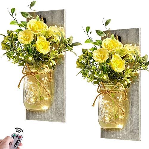 Wall Decor Mason Jar Sconces – Rustic Farmhouse Home Decor with Remote Control Wall Lights and Yellow Rose for Bedroom Wall Decor Living Room Kitchen Decorations Set of Two