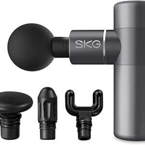 Mini Massage Gun deep Tissue Massager, SKG Handheld Electric Muscle Massager, Portable Back and Body Massage, 4 Heads Attachment, Ultra Small & Quiet (Grey)