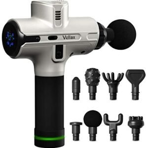 Deep Tissue Percussion Massage Gun – Quite Pure Wave Handheld Massager – 8 Heads – 5200 mAh – 9 Speeds, 1800 – 3500 Percussions, 12mm Amplitude – Perfect for Fascia, Joint and Muscle Pain – Silver