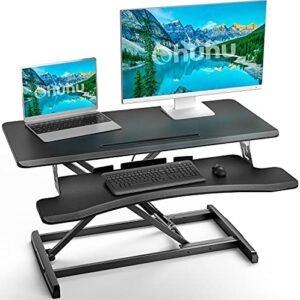 Standing Desk Converter 34.6inch Height Adjustable, Ohuhu Sit to Stand Up Desk Riser – Home Office Desk Workstation for Dual Monitors and Laptop with Removal Keyboard Tray, Gas Spring Lift – Black