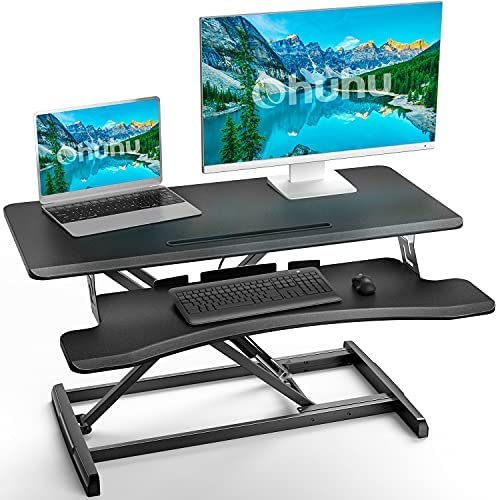 Standing Desk Converter 34.6inch Height Adjustable, Ohuhu Sit to Stand Up Desk Riser – Home Office Desk Workstation for Dual Monitors and Laptop with Removal Keyboard Tray, Gas Spring Lift – Black