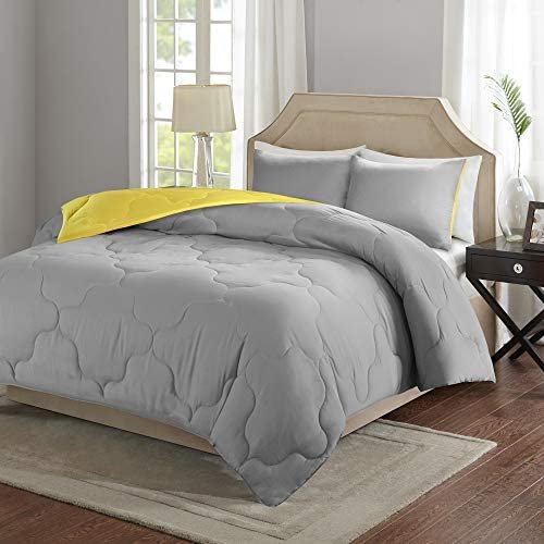 Comfort Spaces Vixie Reversible Comforter Set – Modern Geometric Quaterfoil Cloud Quilted Design, All Season Down Alternative Bedding, Matching Shams, Grey/Yellow Full/Queen(90″x90″) 3 Piece