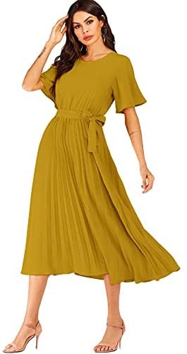 Milumia Women’s Elegant Belted Pleated Flounce Sleeve Long Dress