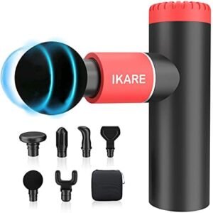 IKARE Mini Massage Gun Deep Tissue Pocket Massager, Muscle Massage Gun for Athletes Rechargeable 4 Speeds Portable Handheld Percussion with 6 Massage Heads, Red
