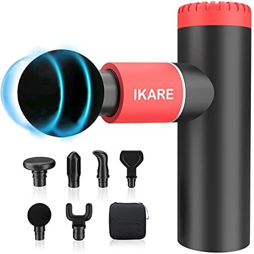 IKARE Mini Massage Gun Deep Tissue Pocket Massager, Muscle Massage Gun for Athletes Rechargeable 4 Speeds Portable Handheld Percussion with 6 Massage Heads, Red