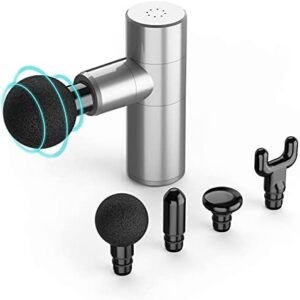 Mini Massage Gun, 4 Speeds Portable Handheld Percussion Muscle Neck Back Massager Gun for Pain Relief, Super Quiet Deep Tissue Muscle Therapy Gun with 4 Massage Heads(Silver)