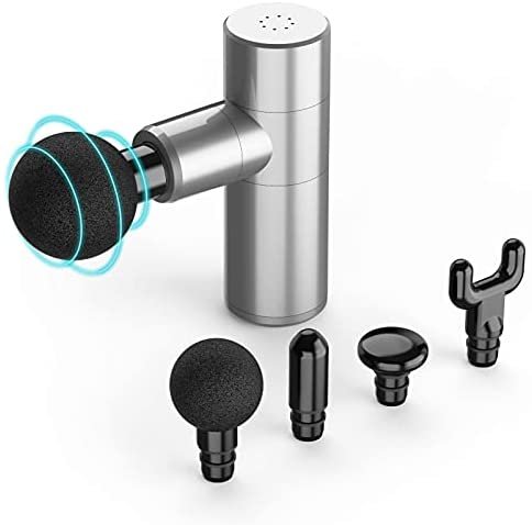 Mini Massage Gun, 4 Speeds Portable Handheld Percussion Muscle Neck Back Massager Gun for Pain Relief, Super Quiet Deep Tissue Muscle Therapy Gun with 4 Massage Heads(Silver)