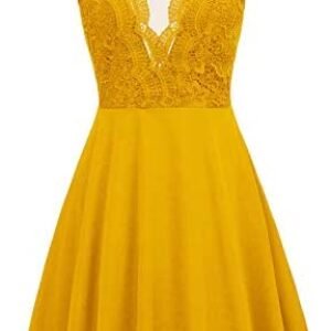 GRACE KARIN Women Sleeveless Lace Patchwork Deep V-Neck A Line Flared Party Dress