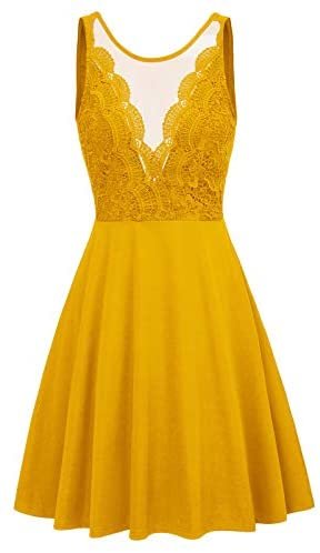 GRACE KARIN Women Sleeveless Lace Patchwork Deep V-Neck A Line Flared Party Dress